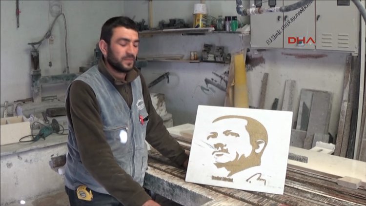 Cumhurbaşkanı Erdoğan'ın portresini mermere işledi