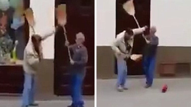 Çalı süpürgesiyle birbirlerine saldırdılar!