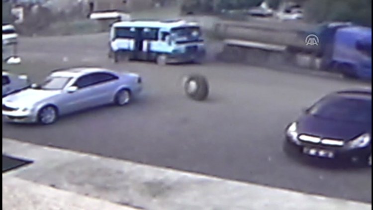 Kamyonun fırlayan lastikten böyle kaçtı