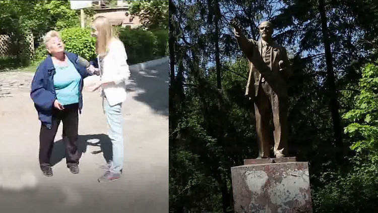 Son Lenin heykelini koruyan kadın
