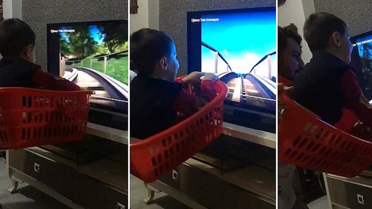 Çocuğuna sepetin içinde hızlı tren deneyimi yaşatan baba