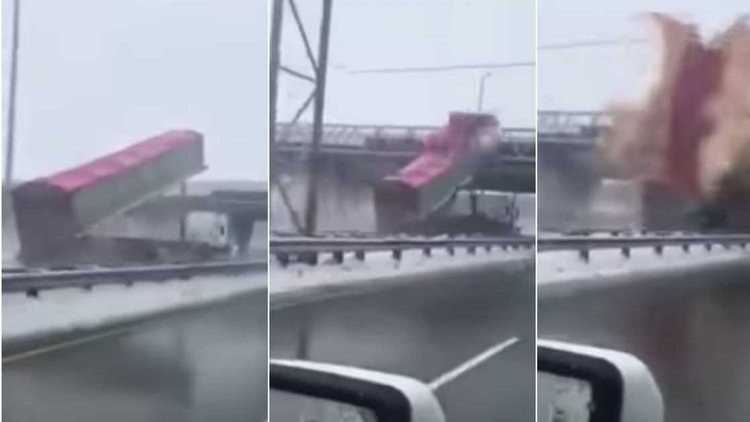 Kanada'da korkunç kaza! TIR üstgeçite çarptı, dorsesi bir anda patladı