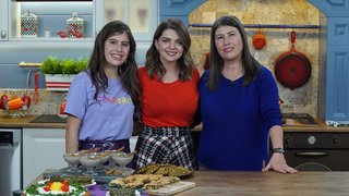 Pelin Karahan, anne-kız, Çiğdem-Sude Öğütçü ile mercimekli patates ezmesi, karalâhanalı ve mantarlı baklava böreği, ...