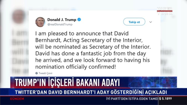 Trump'ın içişleri bakanı adayı: Twitter'dan david bernhardt'ı aday gösterdiğini açıkladı