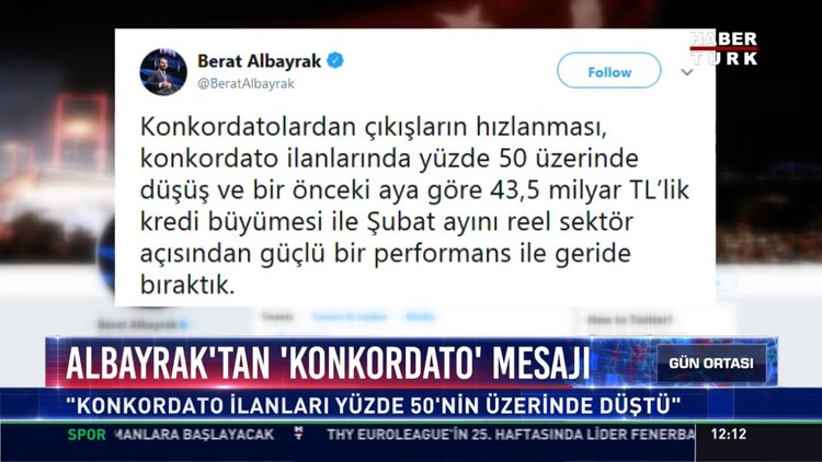 Albayrak'tan 'Konkordato' mesajı: "Konkordato ilanları yüzde 50'nin üzerinde düştü