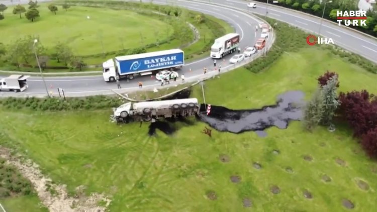 TEM Çatalca Yolu'nda zift yüklü tanker devrildi!