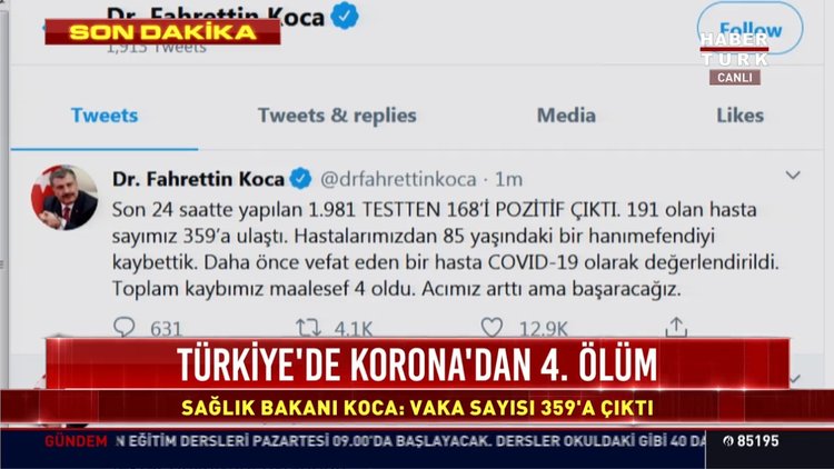 Sağlık Bakanı Koca yeni vaka sayısını açıkladı. Türkiye'deki koronavirüs vaka sayısı: 359