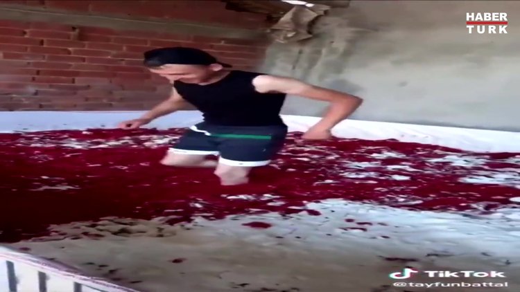 Dans ederek ayaklarıyla salça yaptı!