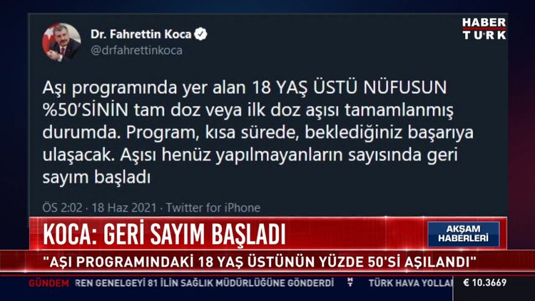 Bakan Koca müjdeyi verdi! 18 yaş üstü nüfusun yüzde 50'sinin tam doz veya ilk doz aşısı tamamlandı