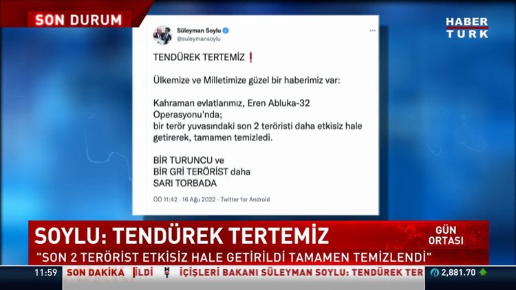 İçişleri Bakanı Soylu açıkladı: Tendürek tertemiz!