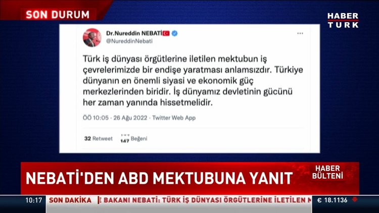Nureddin Nebati'den ABD mektubuna yanıt!