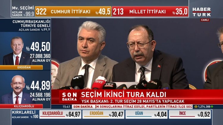 SON DAKİKA! YSK Başkanı Yener: Seçim ikinci tura kaldı, Türkiye 28 Mayıs'ta tekrar sandık başına gidecek