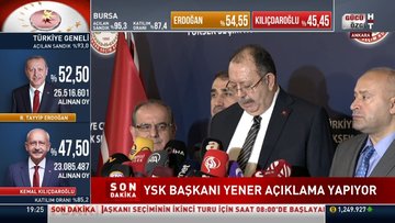 YSK Başkanı Ahmet Yener: Oyların %54.60'ı sayılmış vaziyettedir, şu an itibarıyla Erdoğan %54,47; Kılıçdaroğlu %45,53 oy oranına sahiptir