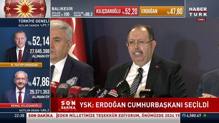 YSK Başkanı Ahmet Yener: Erdoğan Cumhurbaşkanı seçildi