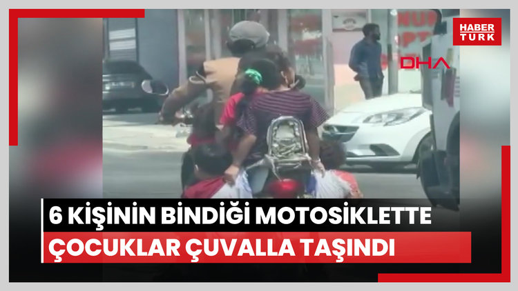 Adana'da 6 kişinin bindiği motosiklette çocuklar çuvalla taşındı
