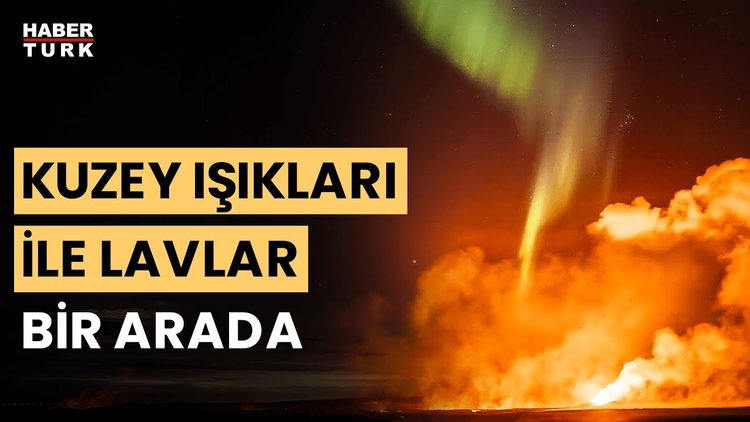 Lav püskürten yanardağ ile kuzey ışıkları bir arada