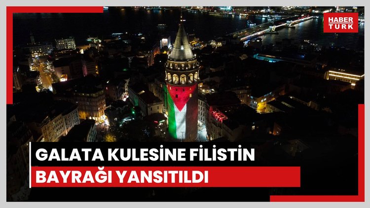 Galata Kulesi'ne Filistin Bayrağı yansıtıldı