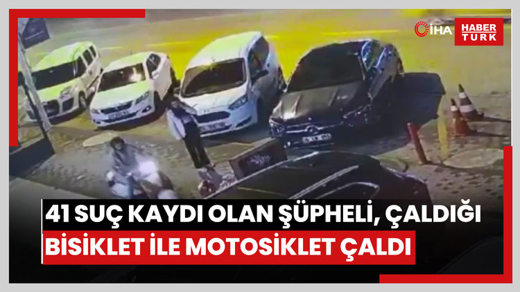 41 suç kaydı olan şüpheli, çaldığı bisikletle gelip motosiklet çaldı...O anlar kamerada