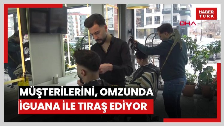 Müşterilerini, omzunda iguana ile tıraş ediyor