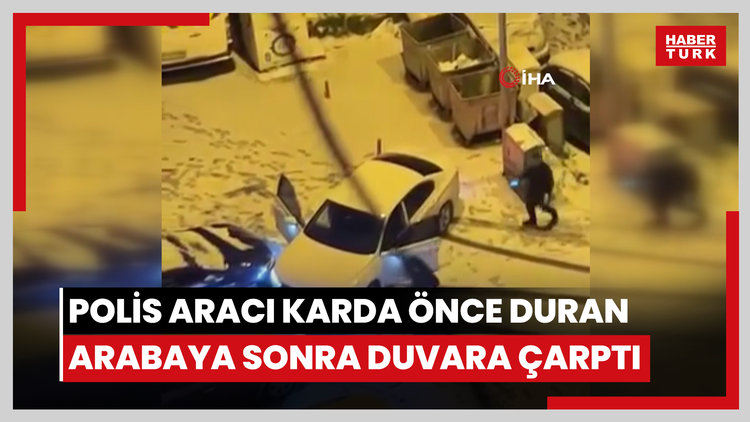 Polis aracı karda önce duran arabaya sonra duvara çarptı