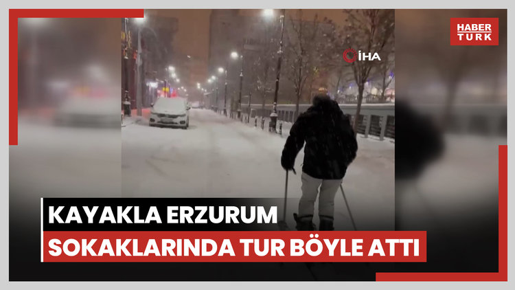 Kayakla Erzurum sokaklarında tur böyle attı