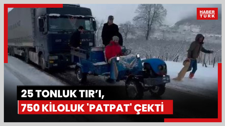 Karda kalan 25 tonluk TIR'ı, 750 kiloluk 'patpat' çekti; o anlar kamerada