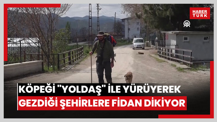 Köpeği "Yoldaş" ile yürüyerek gezdiği şehirlere fidan dikiyor