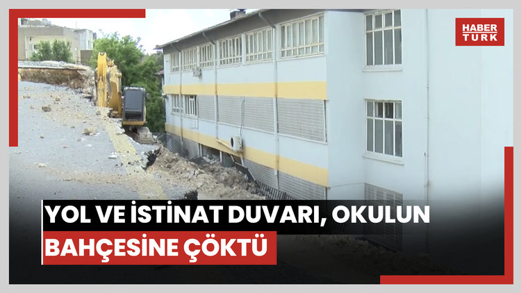 Yol ve istinat duvarı, okulun bahçesine çöktü