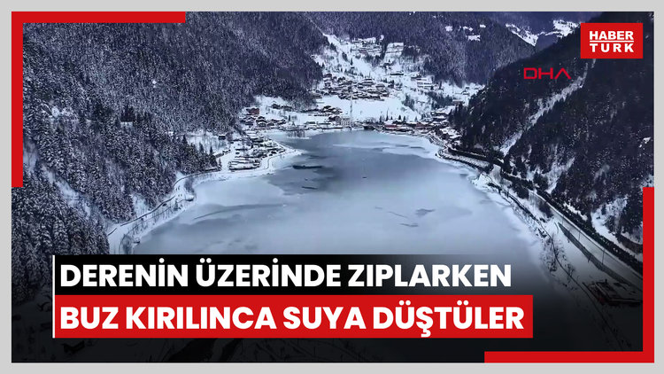 Derenin üzerinde zıplarken buz kırılınca suya düştüler; o anlar kamerada