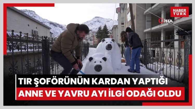 Tır şoförünün kardan yaptığı anne ve yavru ayı ilgi odağı oldu