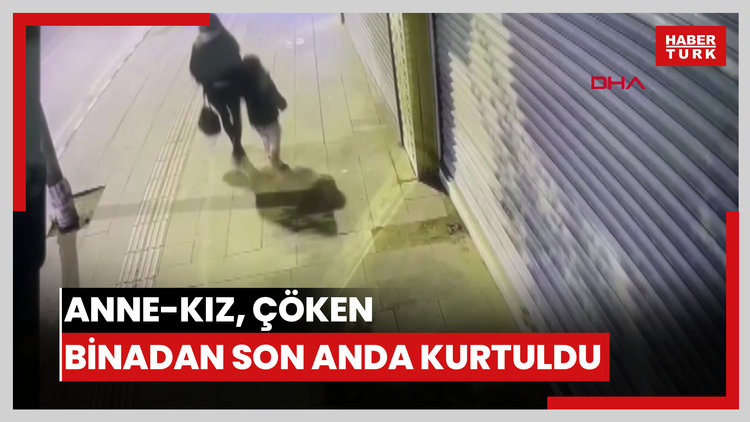 Kaldırımda yürüyen anne ile kızı, çöken binadan savrulan beton parçalarından kaçarak kurtuldu