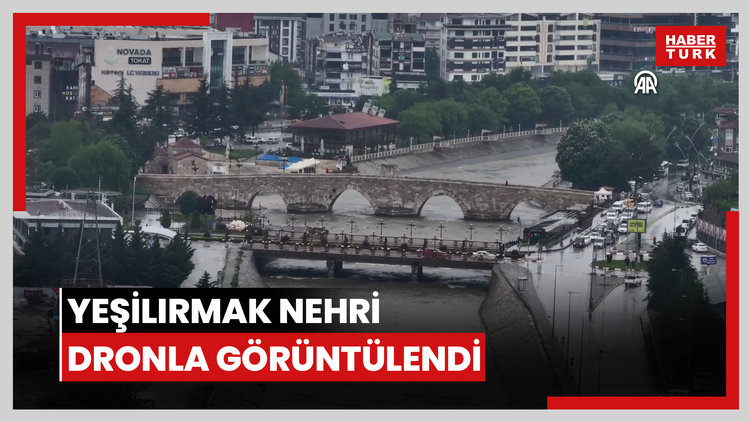 Taşkın riski bulunan Yeşilırmak Nehri dronla görüntülendi