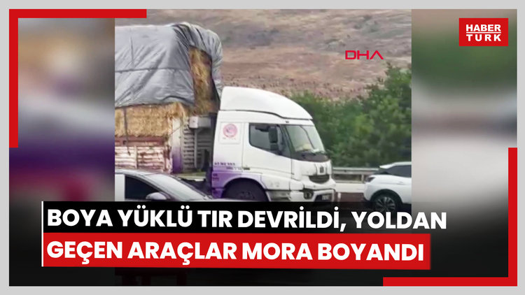 Boya yüklü TIR devrildi, yoldan geçen araçlar mora boyandı